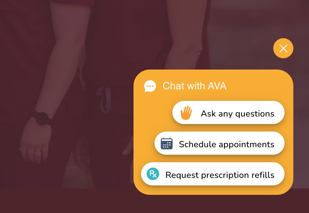 The Chat with AVA widget with options to ask questions, schedule appointments, and request prescription refills